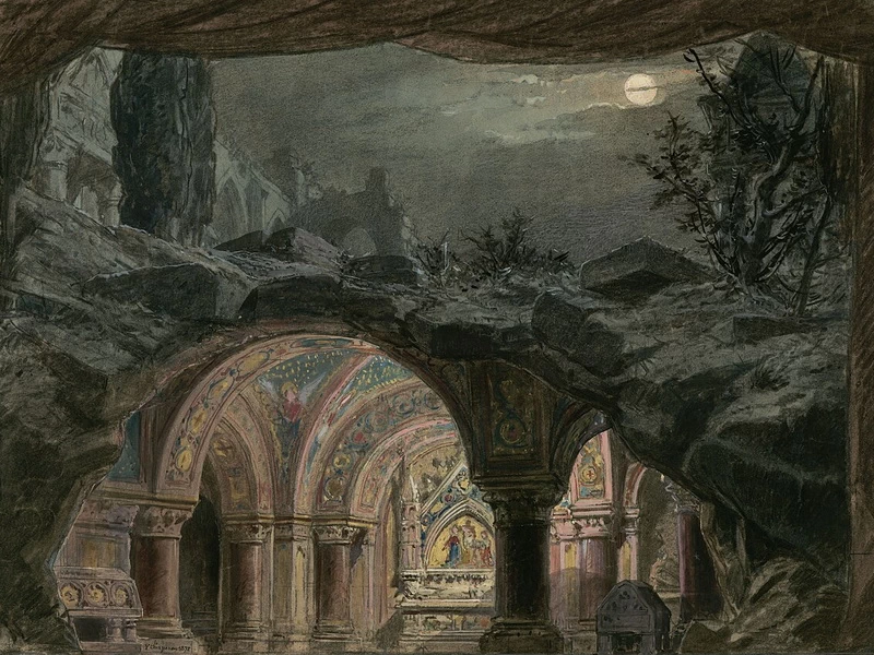 1823-Philippe-Marie Emile Chaperon - Romeo e Giulietta - schizzo scenografico per l'Atto V - cripta sotterranea